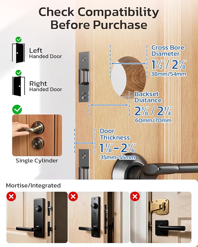 TCL D2 Pro Smart Lock with Palm Vein Recognition, 10000mAh Rechargeable Battery & Wi-Fi, Keyless Entry Door Lock, IP55 Weatherproof, Built-in Doorbell, Auto Lock, Brushed Nickel