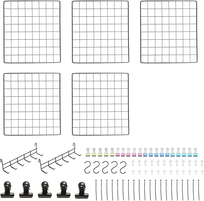 Feadily 5 Pack Metal Grid Wall Board Including 2 Hook Rack, Photo Wall, Picture Board, DIY Home & Office Wall Decor, Photos & Pictures Display Board 13.8 Inch × 13.8 Inch (Black)