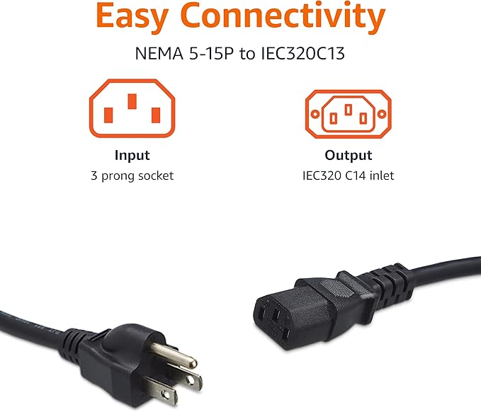Amazon Basics PC Power Cord, 15 feet, AC Power Cord for Monitor, Computer, TV, 3 Prong, 18 AWG, 125 Volts, Black