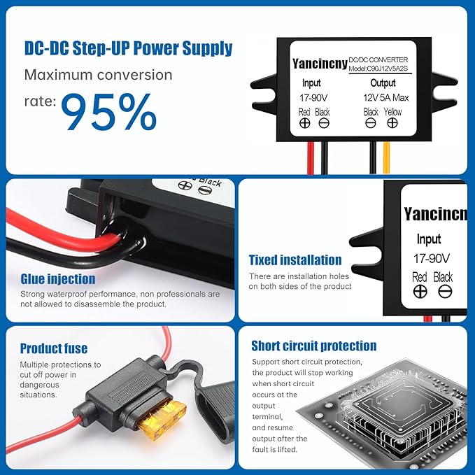 Yancincny DC 24V 36V 48V 60V 72V 84V 90V Step Down to 12V 5A 60W Converter Regulator Reducer Power Supply Module Buck Transformer, Waterproof DC 48V to 12V Converter with Fuse for Golf Cart