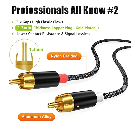 AGVEE 4ft RCA Cable, 2 RCA Male Thickened Six Claws Plug Stereo Auxiliary Audio Cord for Home Theater, Amplifier, Active Speakers or Subwoofer, Black