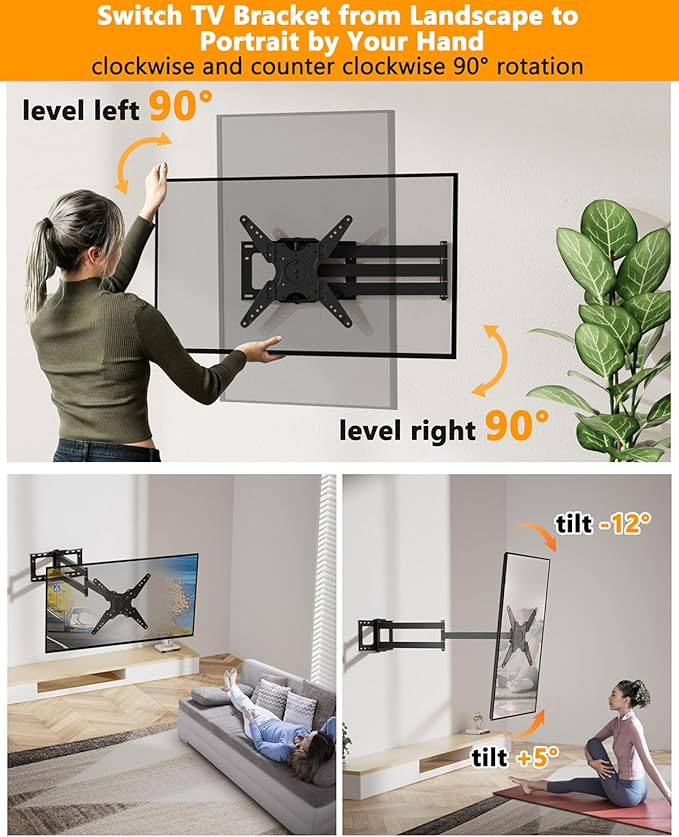 Extra Long Arm TV Wall Mount 48'' Extension, Rotating TV Wall Mount 180° Heavy Duty Full Motion for 26''-65'' Screens, VESA 400x400mm, Load 110 lbs, 16''Wood Stud/Concrete/Brick Wall, WHYFONE