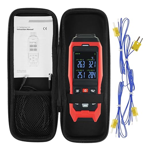 Thermocouple Thermometer Data Logger 4 Channels Digital K Type Thermometer with 5000 Groups Programmable Temperature Recording -328~2501℉ Measuring Range, Audible & Visible Alarm ADJ Compensation