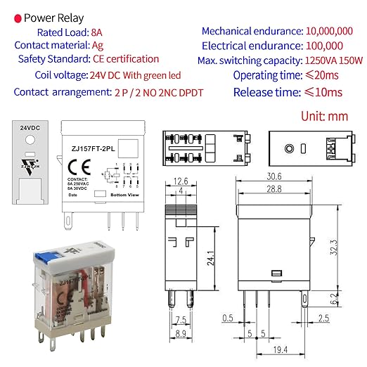 UL Listed 6 Pcs 8-Amp Electromagnetic Relay 24V DC Relay DPDT 2NO 2NC 8Pin Socket Base with Indicator Light Module and Test Button