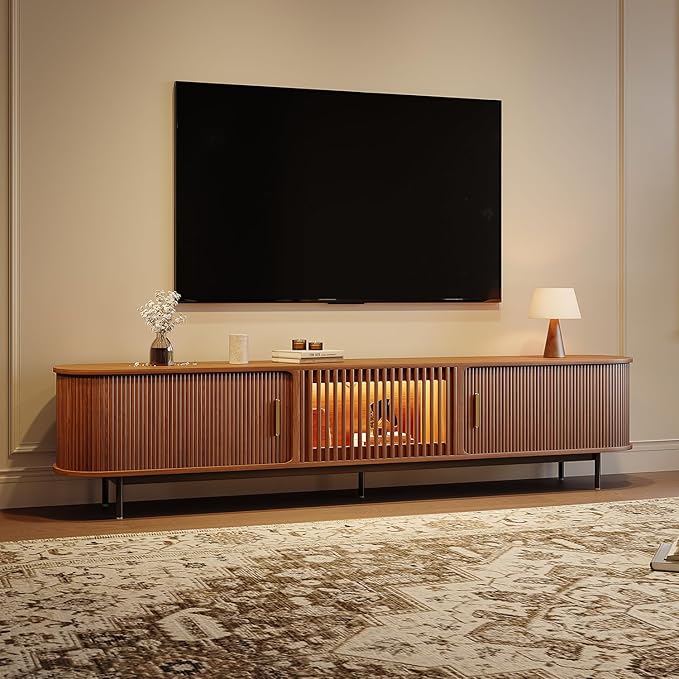 POVISON Sliding Tambour Door TV Stand with LED Lights, Mid Century Modern TV Console, Wood Media Console, Entertainment Center with Storage Cabinet, Fully-Assembled (Walnut, 94.49")