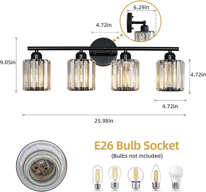 FDPBY Modern 4 Light Crystal Vanity Light, Plating Black Vertical Bathroom Light Fixture Over Mirror for Dressing Table Sink, Compatible with Dimmable Bulbs (Bulbs Not Included)