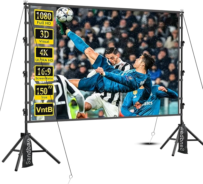 VntB Outdoor Projector Screen with Stand, 150 inch Portable Projection Screen Wrinkle-Free 16:9 4K HD Rear Front Movie Screen with Carry Bag for Indoor Home Theater, Camping and Backyard Entertainment