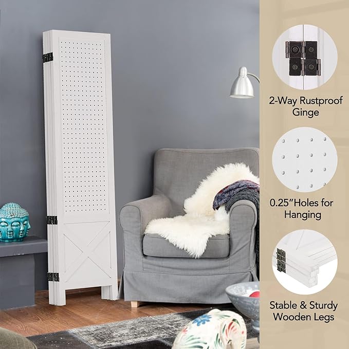 Wnutrees 4 Panel Pegboard Display, 5 Ft Wood Folding Privacy Screens Room Divider, Portable Freestanding Display Board for Craft/Art Shows, Retail, Events, Wall Organizer, Rustic Barnwood, White