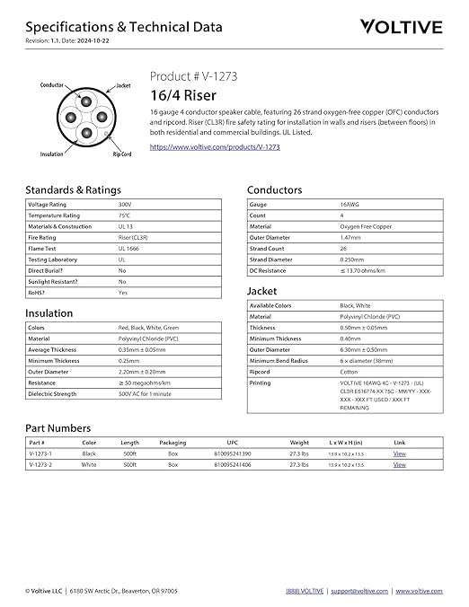 Voltive 16/4 Speaker Wire, Riser CL3R, White, 500ft - 16AWG, 4 Conductors, Stranded Oxygen-Free Copper, UL Listed - V-1273-2