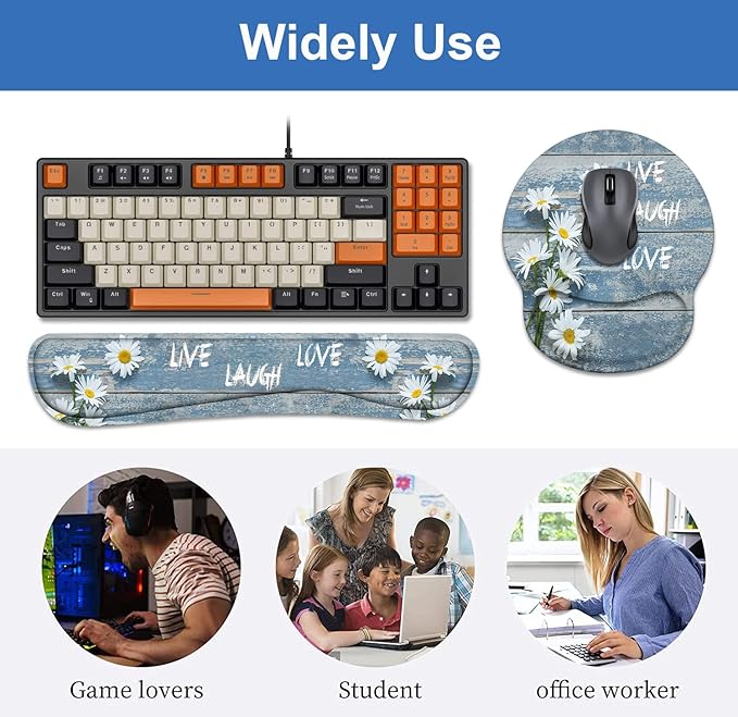 Keyboard Wrist Rest + Mouse Pad Wrist Support Set with Coasters, Dreamy Daisy Vintage Wood Board Live Laugh Love Design Non-Slip PU Base Ergonomic Mousepad for Home Office Working Studying