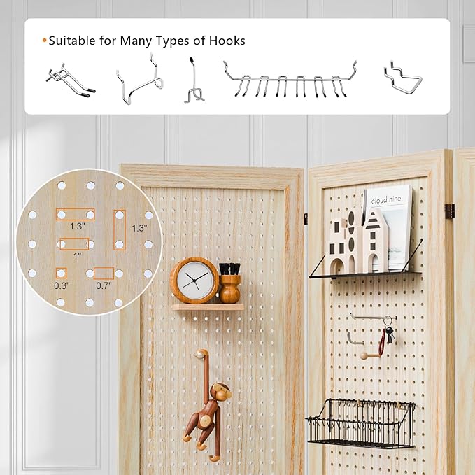 Bonnlo 4/6 Panel Pegboard Freestanding, 5 FT Portable Display Board Organizer for Craft Show Jewelry, Wooden Folding Privacy Screen Room Divider (Natural, 6 Panel with Base)