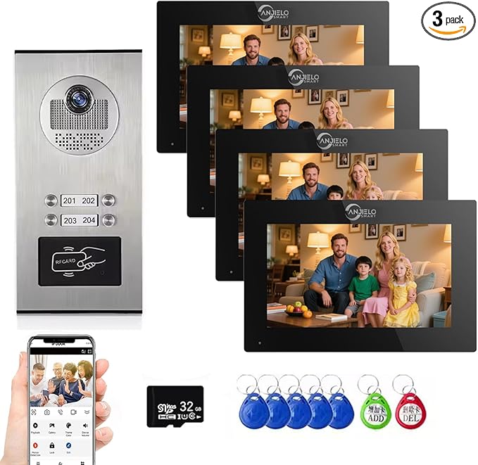 Wired Apartment Video Intercom System,1080P HD Video Doorbell, Compatible with 4 Units 7-inch Touchscreen,Supports Motion Detection,Two-Way Audio,Tuya Smart Home