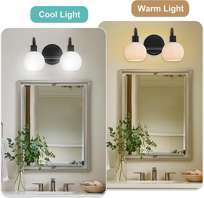 WINSHEN 2-Light Black Bathroom Light Fixture, Milk White Globe Wall Sconce Lamp for Hallway Bedroom Foyer Cabinets, Modern Vanity Lights E26 Socket