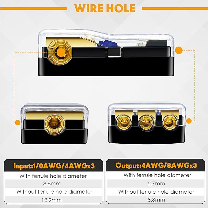 BULVACK 3 Way Mini ANL Fuse Holder, Copper 0/2/4 Gauge to 4/6/8 Gauge 60 Amp Fuse Distribution Block for Car Truck Boat Audio Stereo Amplifier