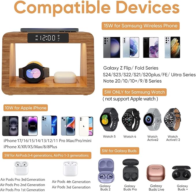 Bamboo Wireless Charging Station, 3 in 1 Charging Station with Light & Clock for Samsung & Android Phone, Wireless Phone Charger Station Only for Samsung Watch