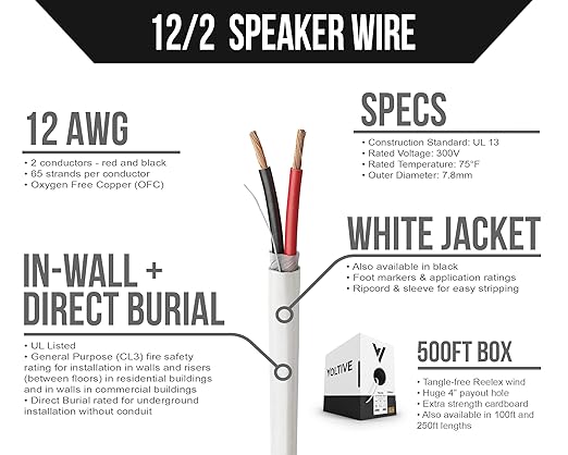 Voltive 12/2 Speaker Wire, in-Wall CL3 & Direct Burial, White, 500ft - 12AWG, 2 Conductors, Stranded Oxygen-Free Copper, UL Listed - V-1206-6