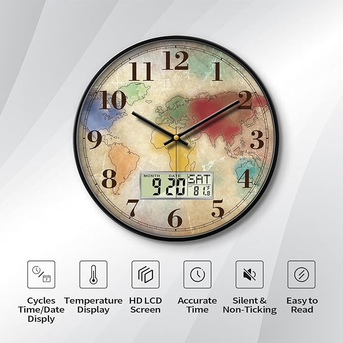 Modern Round Retro Digital and Analog Wall Clock Silent Calendar Colorful World Map Vintage Clocks with Date and Temperature Week Quiet Non-ticking Kid Room Office Kitchen Decor for Bedroom 12 Inch