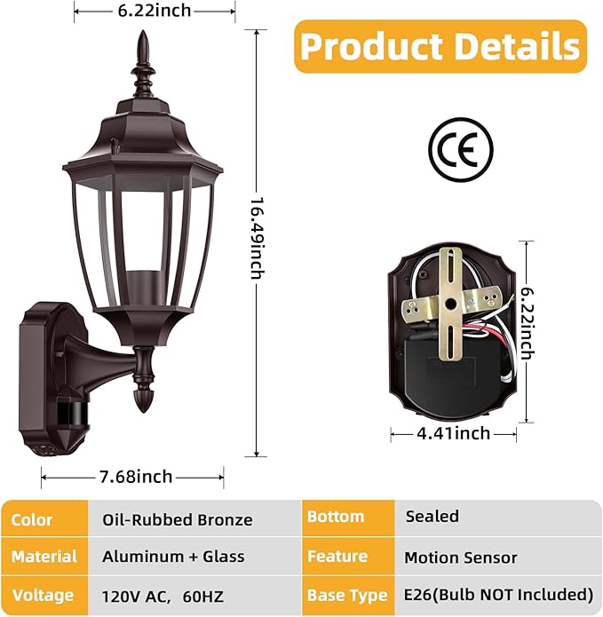 Lamomo Outdoor Wall Sconce, 2 Pack Dusk to Dawn Motion Sensor Bronze Outdoor Light Fixtures Wall Mounted, Exterior Aluminum Waterproof Porch Lights for Patio Front Door Garage