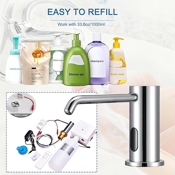 Automatic Soap Dispenser Touchless for Kitchen Bathroom Sink Built in Electric Soap Dispenser Infrared Sensors Liquid Commercial Dispenser with Bottle and Pump 33.81oz/1000ml (Chrome)
