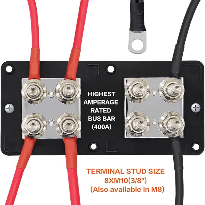 AMOMD Heavy Duty 400A 12-48V Tin-Plated Copper Block Bus Bar 8xM10(3/8") Studs Independent Modular Positive Negative Ground Battery Junction Block Buss Bar for Solar System Marine Truck Boat
