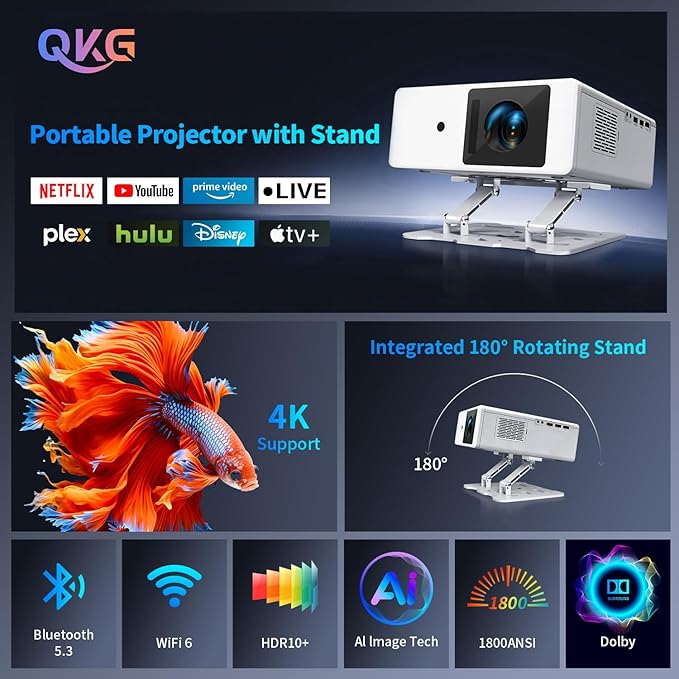 [1800 ANSI & Auto Focus] Smart Mini Projector with WiFi 6 and Bluetooth, 4K Support Outdoor Movie Projector, Native 1080P Dolby Audio Portable Projector for Bedroom/Home/Celling