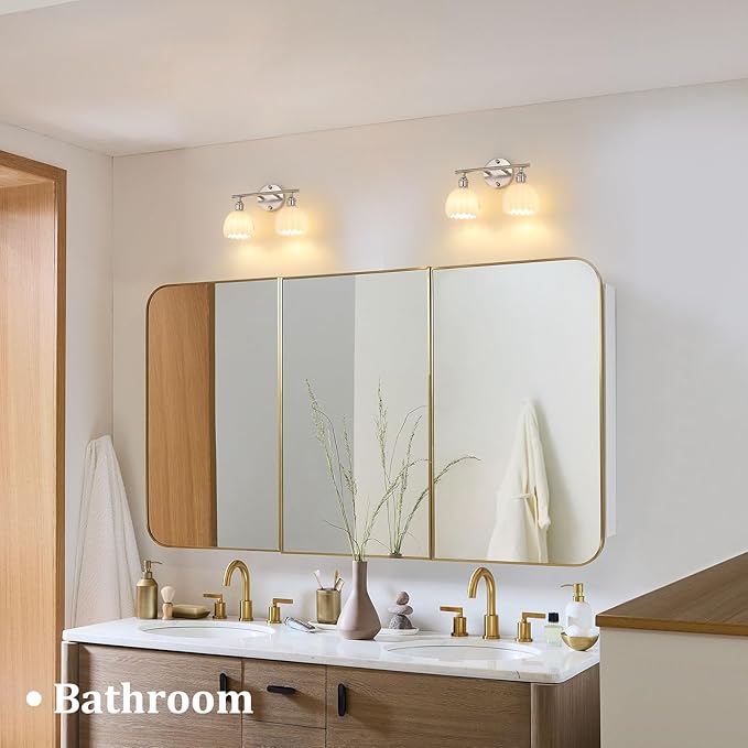 Shenmoyl Bathroom Light Fixtures, 2-Light Vanity Wall Light Over Mirror with White Tulip Glass Shade for Bedroom Living Room (Bulb Not Included), Satin Nickel
