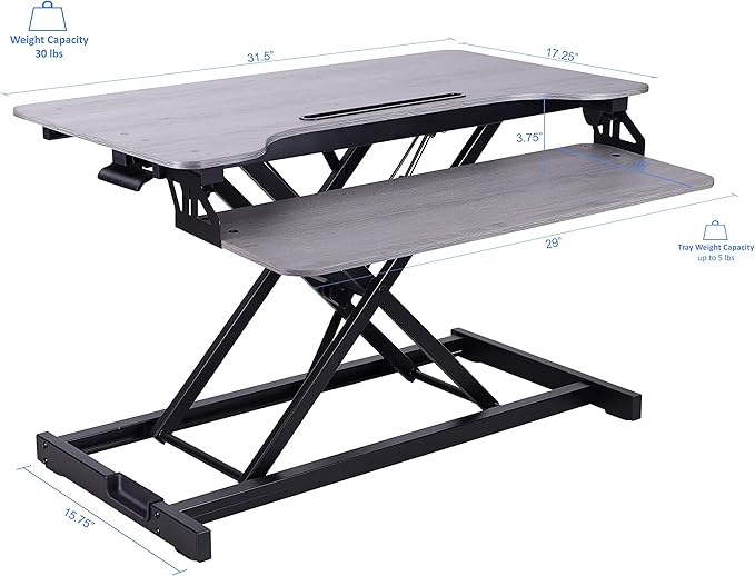 Rocelco Standing Desk Converter with Dual Monitor Mount - 31.5 Inch Sit Stand Up Tabletop Riser with Tablet Holder, Height Adjustable Workstation - Deep Keyboard Tray for Laptop - Gray (R VADRG-DM2)