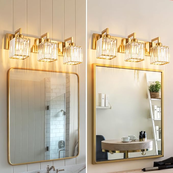 FDPBY Modern Bathroom Vanity Light 3-Lights Gold Crystal Wall Lamp Bathroom Modern Crystal Vanity Lighting