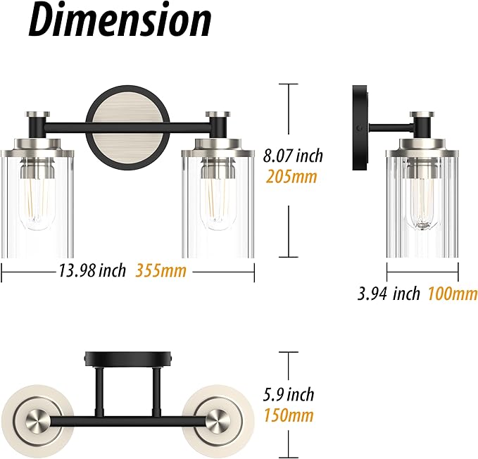PHIXART Bathroom Lighting Fixtures Black and Brushed Nickel Bathroom Vanity Light with Cylindrical Clear Stripes Glass Lampshade E26 Socket Base Bathroom Lighting Fixtures Over Mirror (2 Lights)