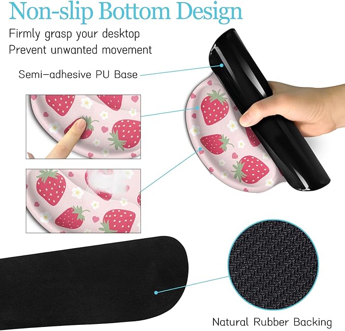 LIMKRIAN Strawberry Mouse Pad Desk Mat Set, Pink Ergonomic Mouse Pad with Wrist Rest, Large Gaming Mousepad Wrist Support Keyboard Mat Cup Coaster Set, Cute Office Desk Decor Accessories Supplies