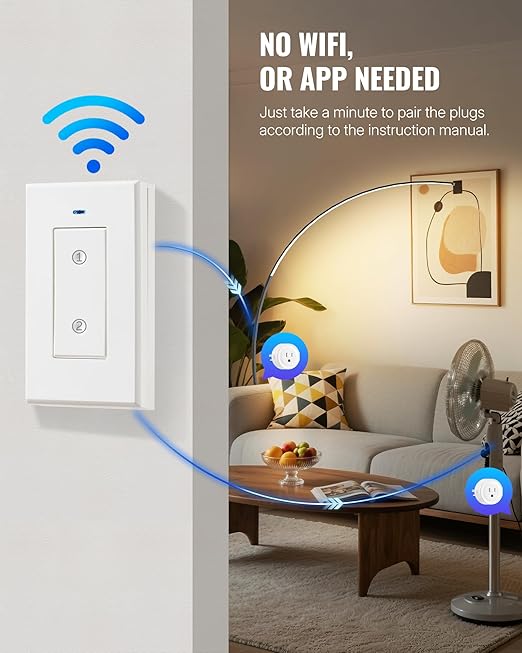 Remote Control Outlet WILAWELS Wireless Light Switch, 2 Pack Expandable and Removable Remote Outlet Switches for Christmas Light, Lamp, Appliance, FCC Listed, 1 Controller for 2 Outlets W05RC1206