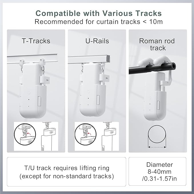 Takkicept Automatic Curtain Opener Electric: Smart Remote Control Closer｜Long-Lasting Battery/Type-C｜No Drill for 8-40mm Roman Rods/T-Tracks & U-Rails｜Quiet Motor Robot for Bedroom/living room