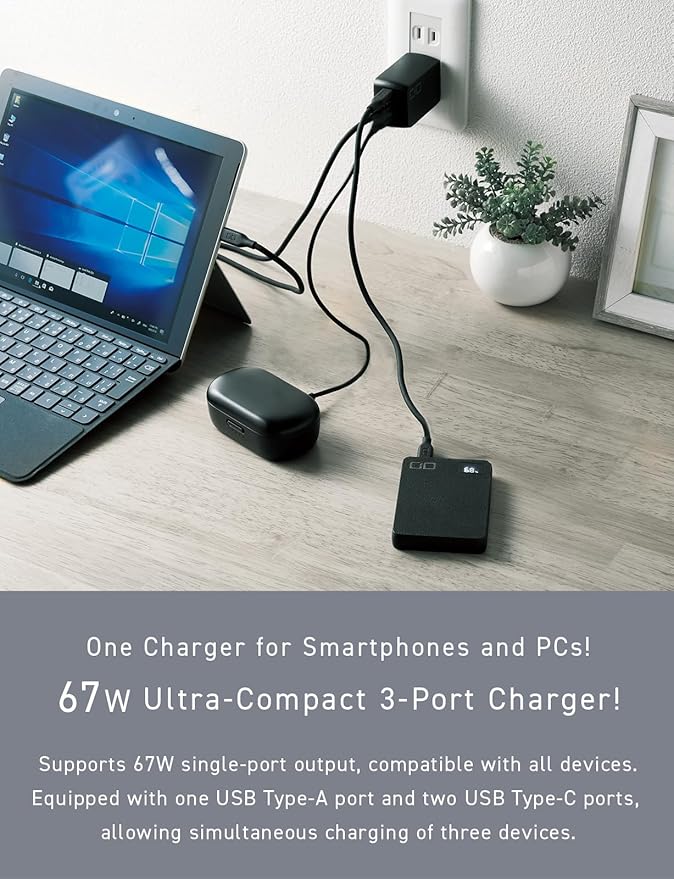 CIO 65W USB C Charger Block, Max 67W GaN Fast Charging Brick w/Dual Type-C Ports & Type-A, USBC Adapter, Multi Travel Charger Block, NovaPort Trio II 2C1A (Black)