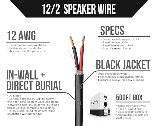 Voltive 12/2 Speaker Wire, in-Wall CL3 & Direct Burial, Black, 500ft - 12AWG, 2 Conductors, Stranded Oxygen-Free Copper, UL Listed - V-1206-5