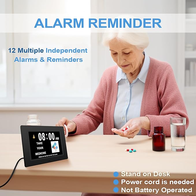JALL 【2024 New】 Digital Calendar Dementia Day Clock, 7 Inch Large Screen Display, with Multiple Alarms, AM & PM Display, for Impaired Vision People, Age Seniors, for Desk, Wall Mounted