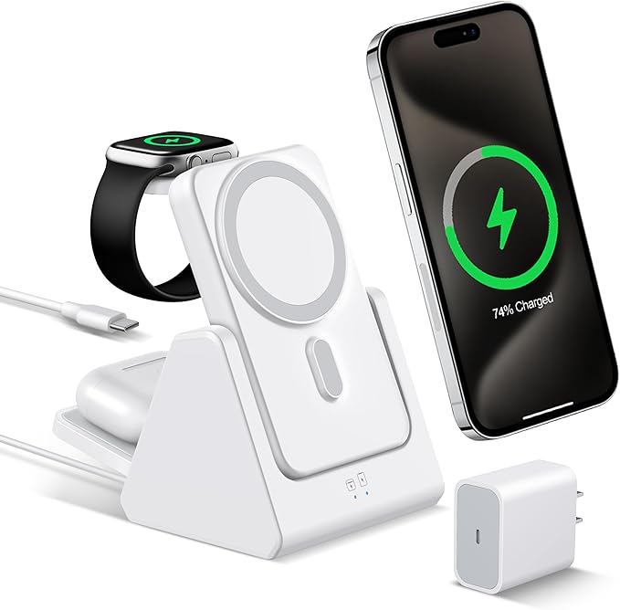Smtcsl 3-in-1 Wireless Charging Station: Portable 5000mAh Power Bank Charger Compatible for Phone Air/17/16/15/14/13/12 Series and Watch - Detachable Magnetic Charging Stand White