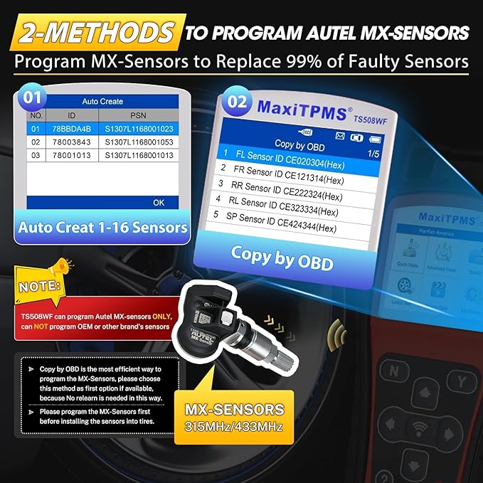2026 Autel MaxiTPMS TS508WF KIT TPMS Programming Tool, WiFi Ver. of TS508K TS508 TS501 TS601 with 120bucks 4PCS 315 433MHz MX Sensors, Relearn Activiate All Sensor, Clear TPMS DTCs, Lifetime Update