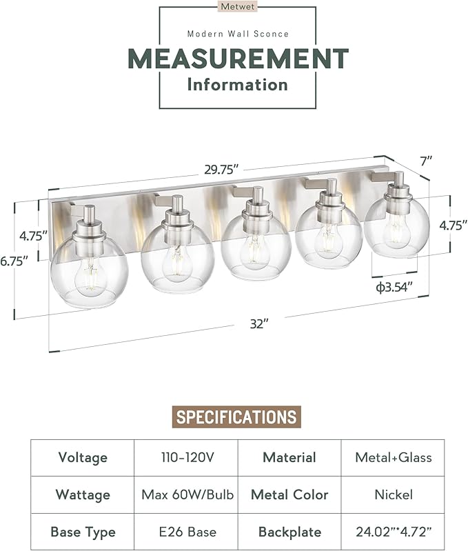 METWET Bathroom Light Fixtures, 5 Light Brushed Nickel Vanity Light, 32 Inch Modern Wall Sconces with Globe Clear Glass Shade, Vanity Lighting Fixtures Over Mirror, VL195-BN-CL-5