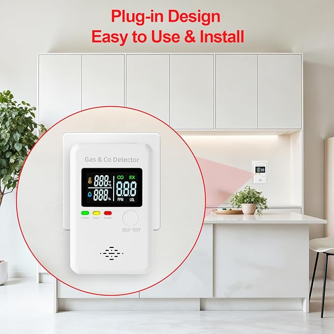 Plug in Natural Gas & Carbon Monoxide Detectors,4-in-1 Real-time Display & Monitor,Low-Concentration Detect, Combination Gas,Propane Detector & CO Alarm for Home,Camping,RV, Apartment