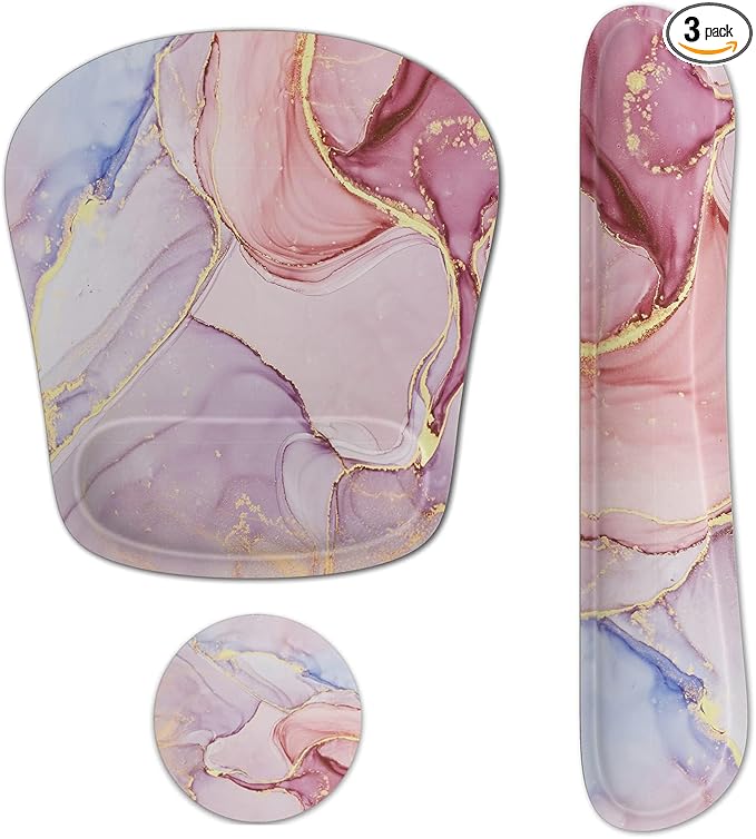 Keyboard Wrist Rest Memory Foam Ergonomic Mouse Pad with Computer Wrist Support Set with Non-Slip Rubber Base Coaster for Home, Office Easy Typing and Pain Relief - Pink Gold Marble