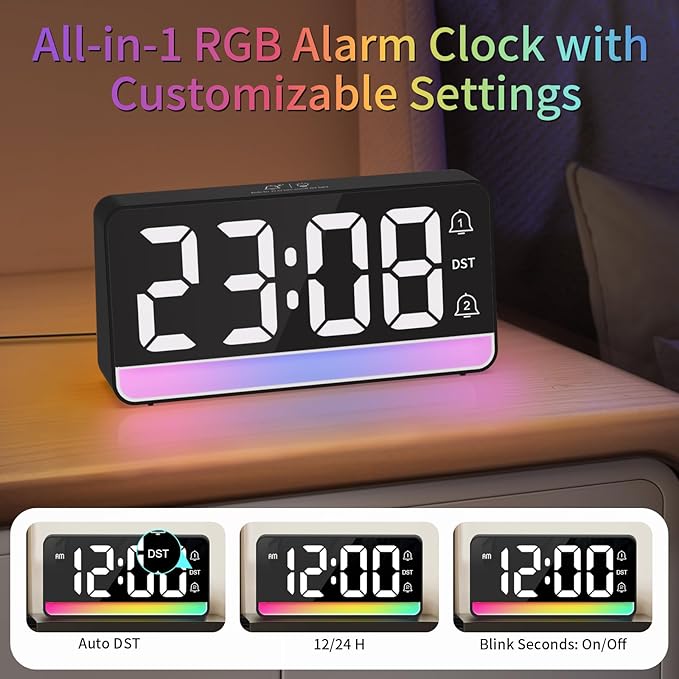 Alarm Clocks for Bedrooms, Digital Bedside Clock with RGB Night Light, Adjustable Volume for Heavy Sleepers, USB Charger, Large Display, Modern Decor for Desk, Dimmable Alarm Clock for Kids(Black)