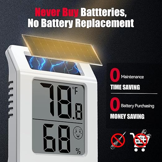 BaldrTherm 2.2'' Digital Thermometer and Hygrometer Meter, Solar-Powered Indoor Temperature Sensor Humidity Monitor, Humidity Gauge for Baby Rooms, Bedrooms, Home, Office, and Wine Cellars, 1Pack