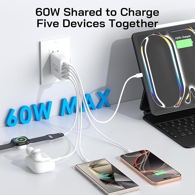 3Pack USB C Fast Charger Block, Total 60W 5-Port USB C Wall Charger 30W Type C Charging Block, 2USB C+3USB A PD 3.0 Multiport Charging Cube for iPhone 17 16 15 14 Pro Max, G-alaxy S25 S24 Ultra, i Pad