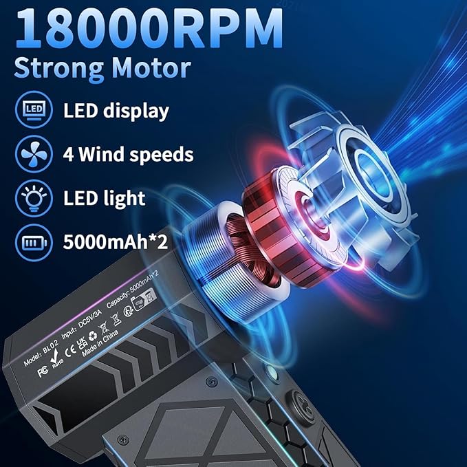 Earglow Compressed Air Duster, 180000RPM Powerful Mini Electric Dust Blower, Rechargeable Dust Fan with Fast Charging, 4-Gear Adjustable Air Blower for Computer/House/Outdoor/Car, Gifts for Men