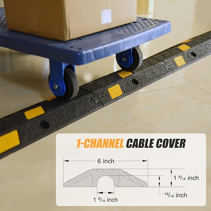 OranLite 6 Pack 1-Channel Rubber Cable Protector Ramp, 17" x 6" x 1.3" inch Interlocking Floor Wire Cord Cable Cover, Visible at Night, Durable Rubber Speed Bump Hump Ramp (1-Channel 6 Pack)