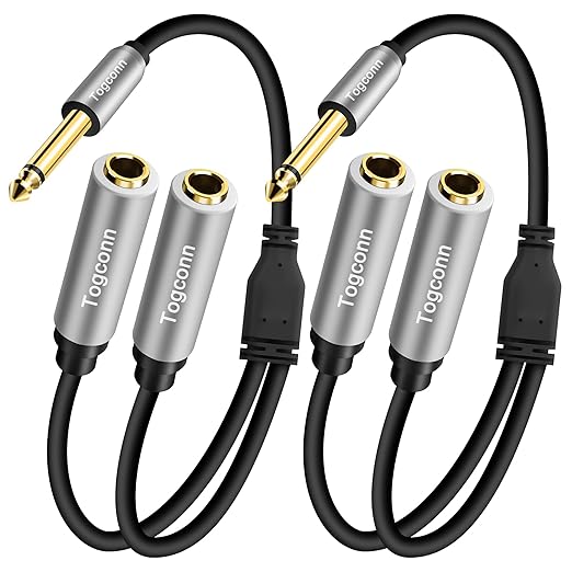 Togconn 2-Pack 1/4 inch TS Mono Splitter Y Adapter, 6.35mm Mono Male to Dual 6.35 mm TS Mono Female Jack, Quarter inch Audio Speaker Splitter Converter Cable 1 Feet, Gold Plated Connectors