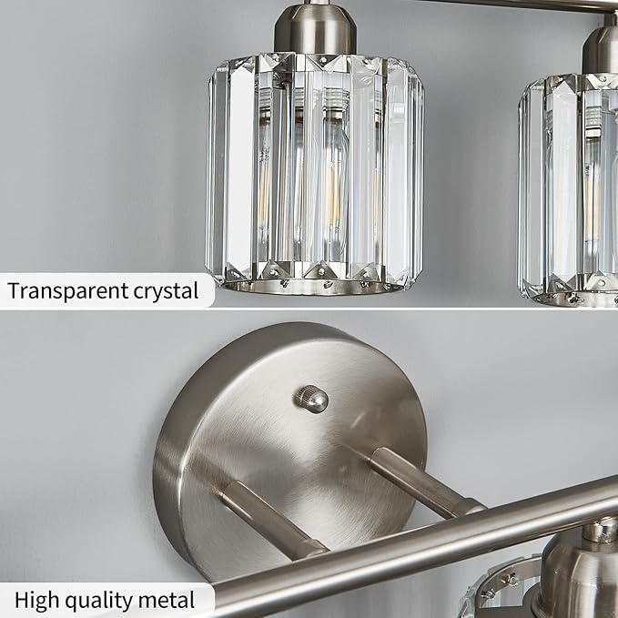 FDPBY Modern 4 Light Crystal Vanity Light, Brushed Nickel Vertical Bathroom Light Fixture Over Mirror for Dressing Table Sink, Compatible with Dimmable Bulbs (Bulbs Not Included)