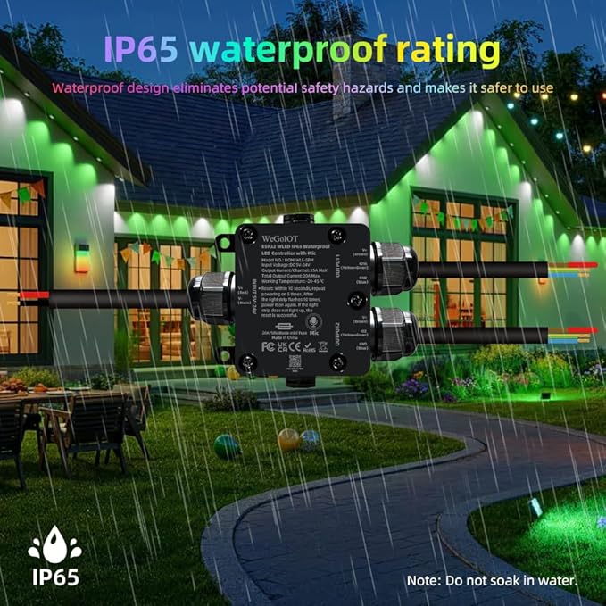 WeGoIOT Waterproof ESP32 WLED Controller with Mic, Project for Pool Boat Landscape Outdoor Lights IP65 Dynamic RGB IC DIY Lighting WiFi APP Control for WS2812B DC5-24V RGBW LED Controller (2 Channel)