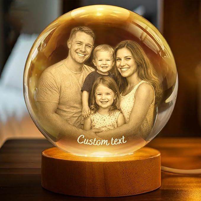 Herihues Personalized 3D Photo Crystal Ball, Custom Engraved Picture Lamp with Wood Base, Night Light for Family, Gifts for Husband Wife Valentines Day, Christmas, Personalized Gifts, Photo Led Light