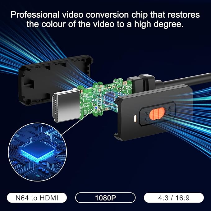 Azduou Gamecube /N64 HDMI Adapter Supports 4:3 and 16:9 Aspect Ratio Switching Converts N64 Game Console Video Signal to HDMI Signal Easily Connect The Game Console to HDTV（for N64/SNES/NGC-3 in 1）